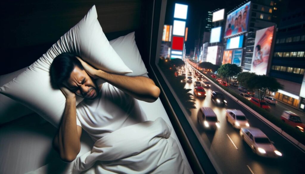 Man-laying-in-bed-but-kept-awake-by-loud-noises-of-the-city Man laying in bed but kept awake by loud noises of the city